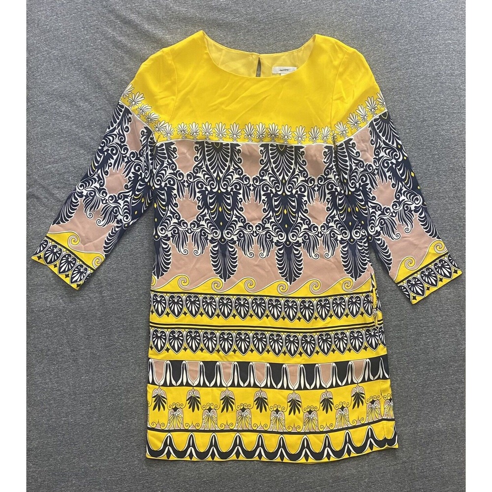 J Crew Shift Dress Womens 2 Yellow Blue 100% Silk‎ Geometric Pockets